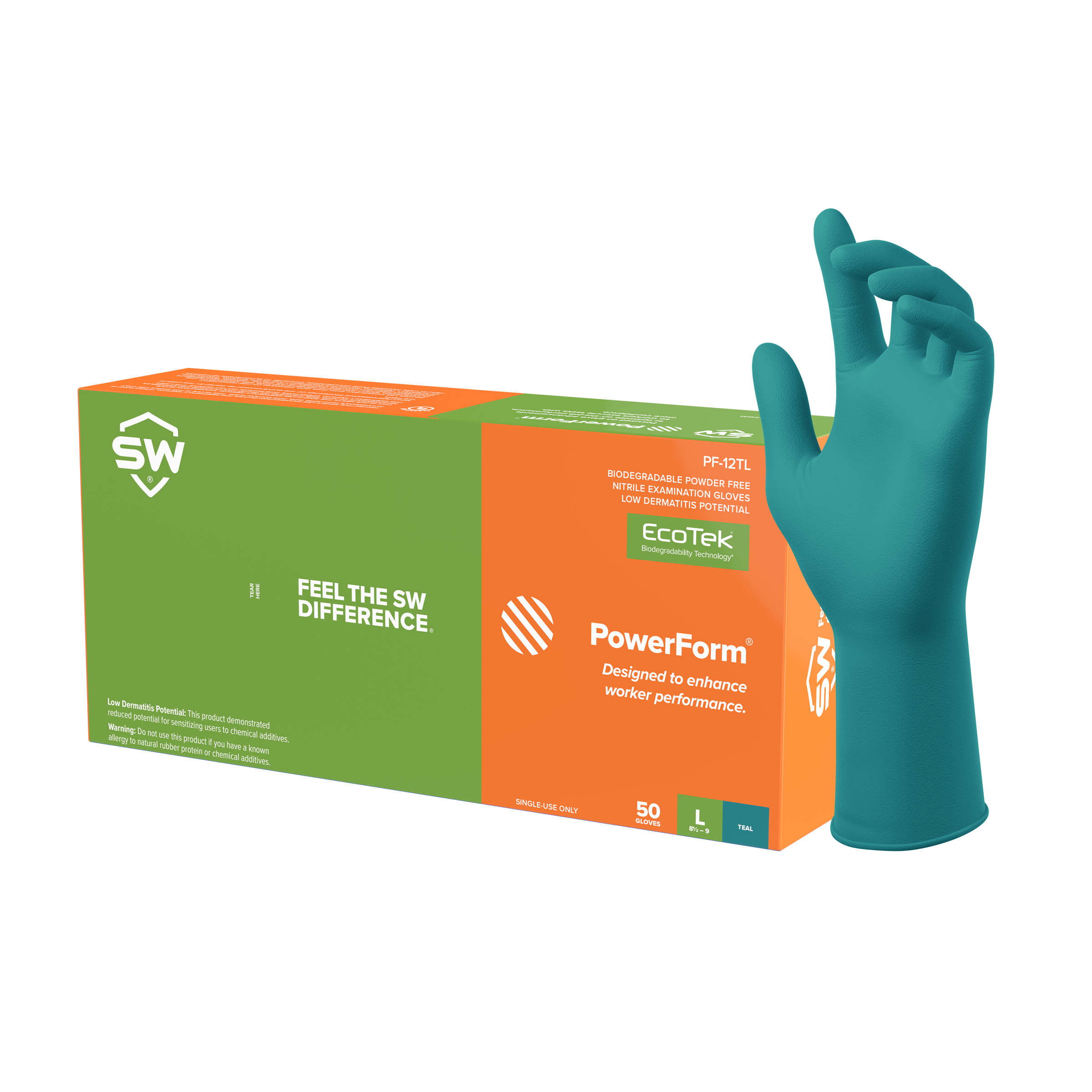 SW PowerForm PF-12TL Extended-Cuff Teal 6.2mil Heavy-Duty Nitrile Exam Gloves – 50ct