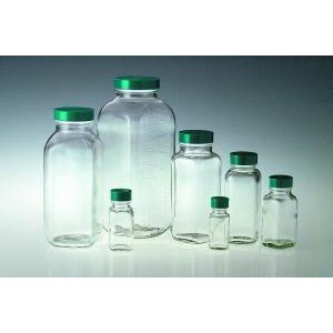 Clear Glass Wide Mouth French Square Bottles. PTFE Lined Caps